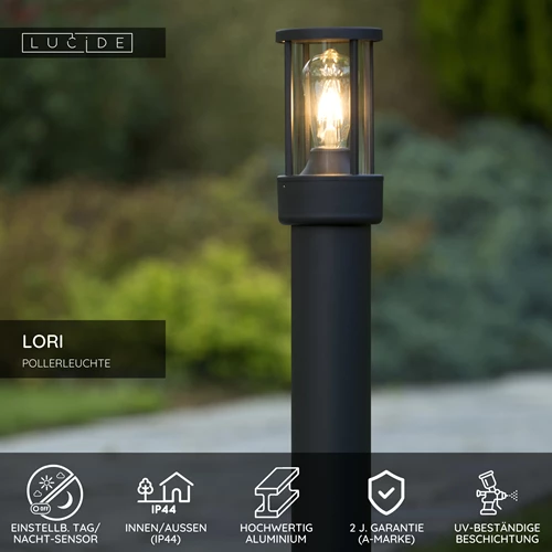 Lucide LORI - Pollerleuchte - 1xE27 - IP44 - Tag/Nacht-Sensor - Anthrazit - USP